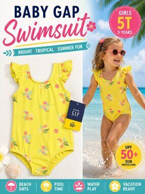 Baby Gap Tropical Parrot One Piece Swimsuit UPF 50+ Girls 5T Yellow